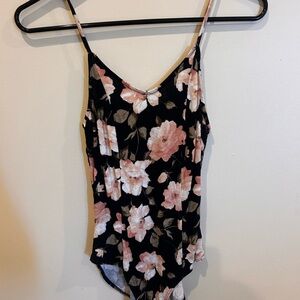 American Eagle Outfitters Black Floral Bodysuit with Pink Flowers
